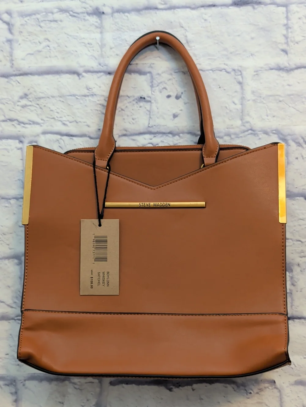 NWT Steve Madden Classic Cognac Whiskey Satchel with Gold Accents